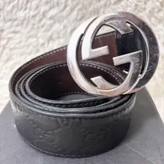 【美品】グッチ ベルト ベージュ ブラウン インターロッキング キャンバス
