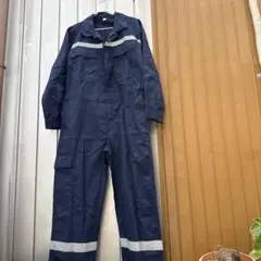 新品反射テープ付きネイビーオーバーオール Lサイズ上質赤差し色つなぎ作業着作業服