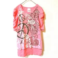 ピンク 花柄 五分袖 Tシャツ Mサイズ パフスリーブ