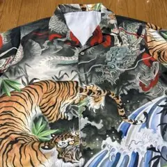 L 和柄 笹虎x龍 タイガー&ドラゴン ブラック 開襟BOX アロハシャツ 新品