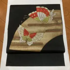名古屋帯 黒 金 白 赤 黄緑 扇 蝶々