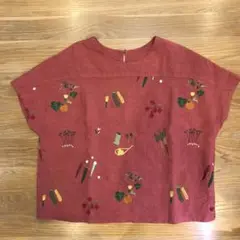 noaーge リネン素材　ゆったりカットソー　Lサイズ　赤 野菜刺繍