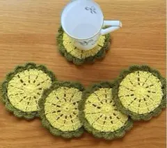 【ハンドメイド】かぎ針編みコースター5枚セット　黄色と緑色