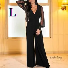 ラスト1点 シアー袖 美脚見えブラックオールインワン♡Lサイズ ワイドパンツ