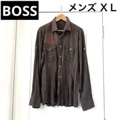 【難あり】BOSS ブラウン 長袖 リネンシャツ　麻