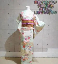 1238.雪輪 オシドリ 花柄 波 水辺 金彩 金糸 付下げ 袷 正絹 着物