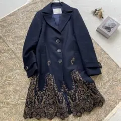 L84【高級】グレースクラス チェスターコート ロング 刺繍 ネイビー