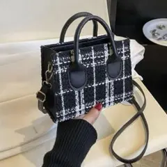 SHEIN シーイン ショルダーバッグ 黒 白 ツイード チェック スクエア