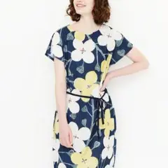 graniphグラニフ ワンピース 花×ストライプ フレンチスリーブ ネイビーF