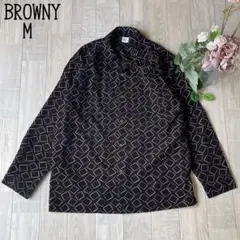 【BROWNYブラウニー】メンズ　総柄　開襟シャツ　長袖　とろみ　レトロ柄　M