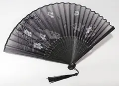花柄 蜻蛉 扇子 タッセル付き 黒