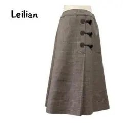 Leilian レリアン 千鳥格子 フレアスカート くるみボタン ウール