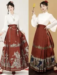 刺繍入り 赤 ロングスカート　馬面裙 織錦　西陣織 中国伝統衣装　明製漢服　着物