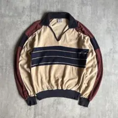 【80s vintage】ベロアシャツ　好配色　香港製　短丈　古着