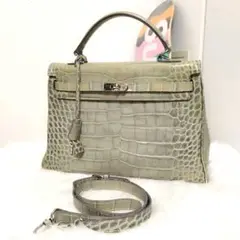 美品☆ クロコダイル ワニ革 マット 2way ベルトデザイン ハンドバッグ