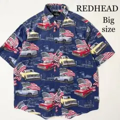 OLD REDHEAD アメリカ国旗 アメ車 コットンレーヨン 総柄シャツ L
