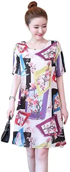 5L　新品　半袖ワンピース　紫　花柄