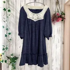 アズノウアズ ワンピース【M】藍色 レース ニット 可愛い デート 婚活 秋