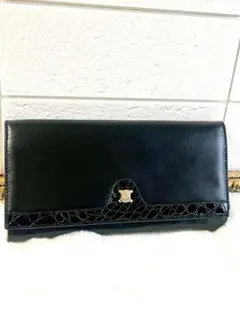 極美品☆セリーヌ☆マカダム金具 クロコ ブラックゴールド レザー長財布