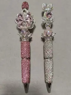 キラキラビーズカスタムボールペン　ピンク王冠クラウン社長ペンリボン花ハンドメイド