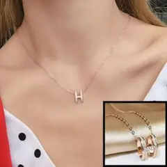 シルバー925 ピンクゴールド Hネックレス CZダイヤモンド 27AF