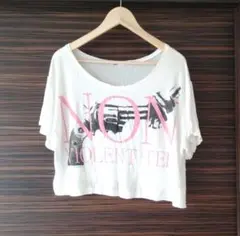 美品❢白色プリントTシャツ 半袖 ドロップショルダー コンパクト丈 ビーチウェア