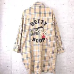 BETTY BOOP 古着 ベティちゃんプリント チェック柄 ロング丈シャツ