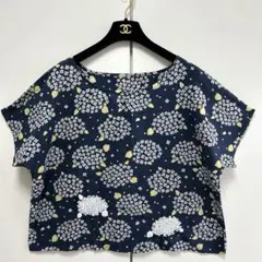 【ブランドタグなし】紫陽花半袖カットソーブラウス 刺繍 くすみネイビー F