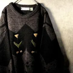 EX 古着 長袖 ニット レザー 切り替え 幾何学 刺繍 レトロ ダークカラー