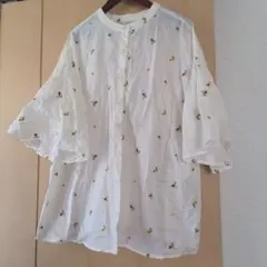 ニコアンド花柄刺繍 五分袖ブラウス アイボリー