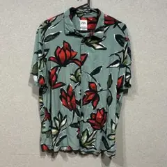 ZARA フラワープリント 半袖シャツ　花柄　アロハ　ブルグリーン×赤　レーヨン