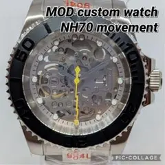 【NH70 MOD カスタム 自動巻 腕時計】スケルトン シルバー ブラック