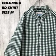 COLUMBIA コロンビア長袖ギンガムチェック柄BDシャツ白緑M アメリカ古着