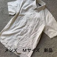 メンズ 厚めストライプ半袖シャツ中白M新品