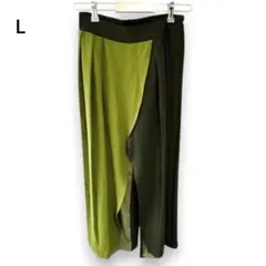ロング フレアパンツ 異素材 L カーキ グリーン サテン 春 夏 KU483