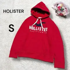 【ホリスター】裏起毛　ロゴ刺繍　スウェットプルパーカー　ユニセックス　赤　美品S