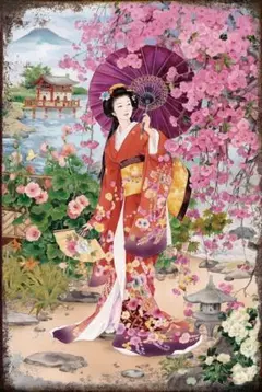 新品 着物美人 看板 ブリキ 和風 レトロ ポスター 日本庭園 雑貨