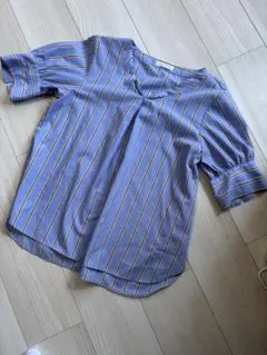 青と白のストライプ 半袖ブラウス　M