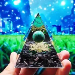 開運 オルゴナイト ピラミッド 健康 浄化 金運 マラカイト♪黒曜石クリスタルE