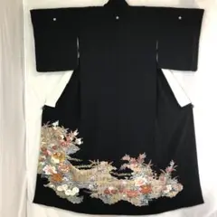 B177 正絹 黒留袖 五つ紋 比翼付 鴛鴦 一部刺繍 トールサイズ 極美品