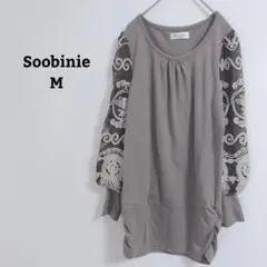 スビニエ　ブラウス　カットソー　ドッキング　刺繡　袖レース　ストレッチ　Ｍ