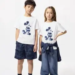 新品ユニクロUTディズニーインブルーミッキーマウスTシャツキッズ130デニム青藍