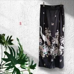 f112　ザラ【S】ワイドパンツ/黒/総柄/後ろゴム/ツルツル/薄手/訳あり