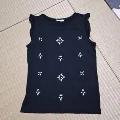 フリル袖 黒 タンクトップ クリスタル装飾