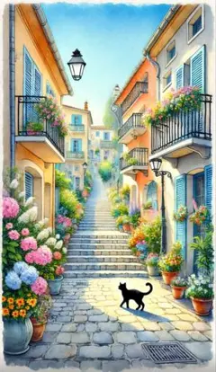 ナチュラル水彩アート｜石畳の階段と花咲く街 A4 AI画像