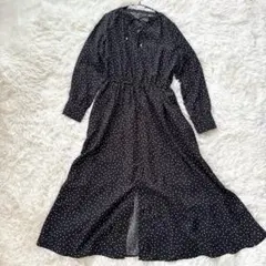美品【センスオブプレイス】黒と白のドット柄ロングワンピース　長袖　リボン