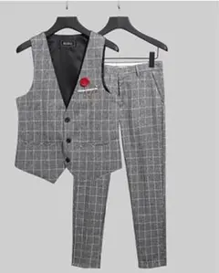 フォーマルスーツ ベストセット グルームズマン格子 グレ ツ メンズ服 L