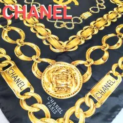 CHANEL シャネルスカーフ ブラック ゴールドチェーン柄 ヴィンテージ