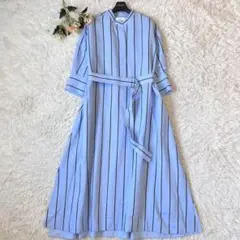 ebure エブール ストライプ ベルベット シャツ ワンピース ブルー 38
