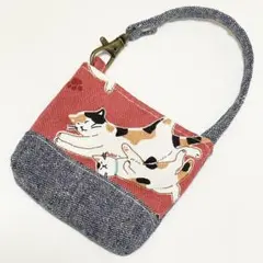 猫 ごろーん柄 ミニミニバッグ ポーチ レッド ハンドメイド